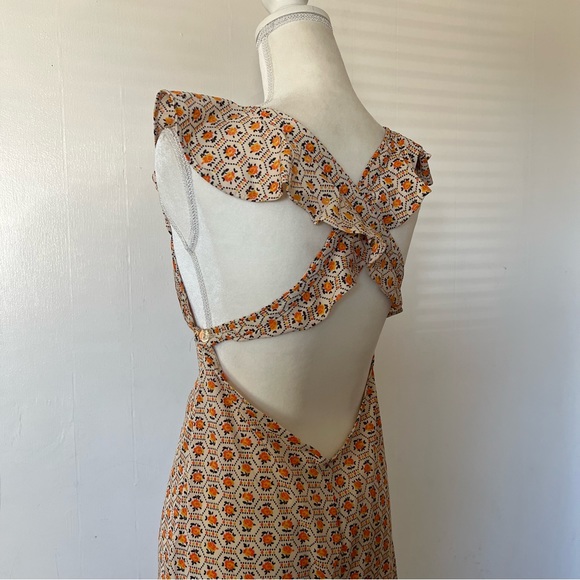 Vintage Daffy California Orange Floral Criss Cross Flutter Summer Midi Dress - Picture 8 of 9